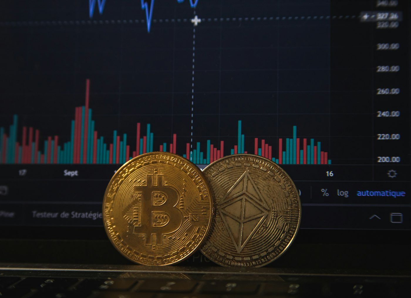 Digital asset tokens set against a live market chart
